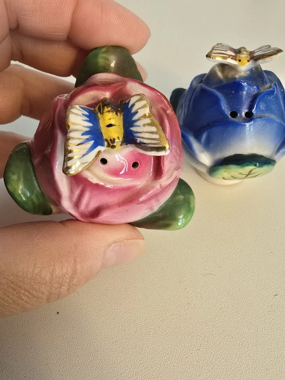 Vintage Ceramic Porcelain? Rose Buds with Butterfly Salt & Pepper Shakers Japan